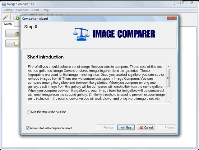 диалог мастера сравнения изображений в программе Image Comparer
