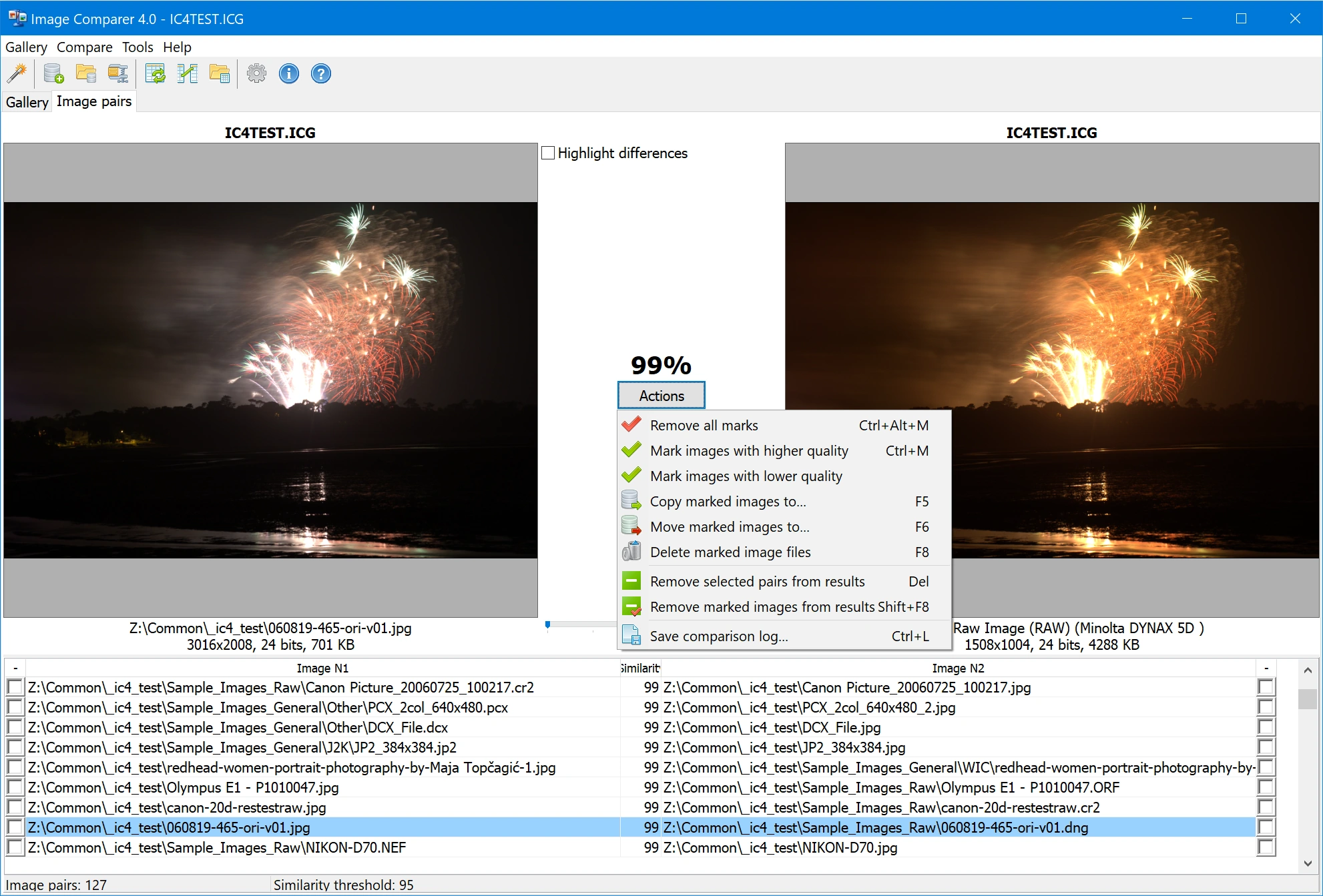 Image Comparer — actions on selected duplicate photos