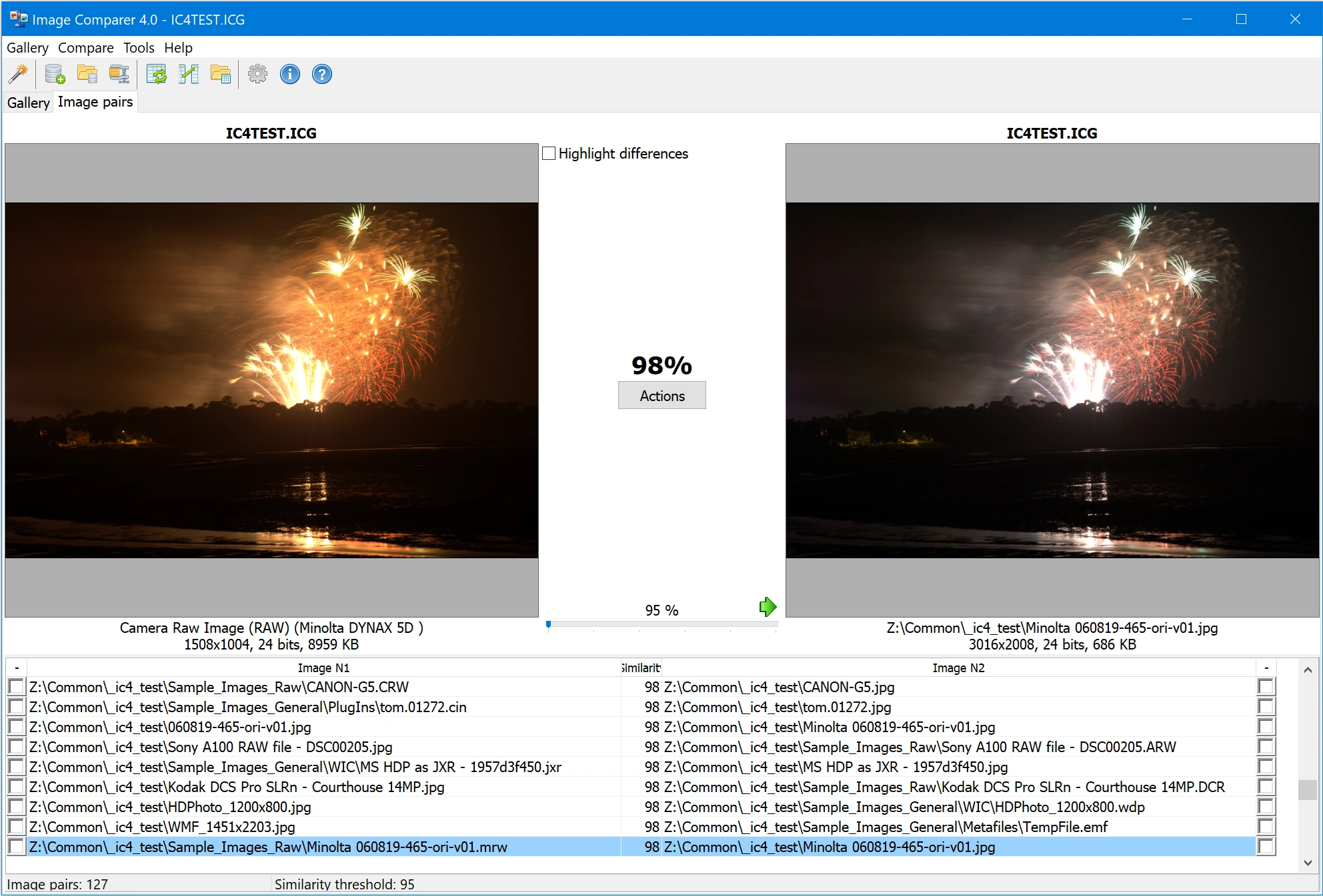 Image Comparer — comparison results in table mode