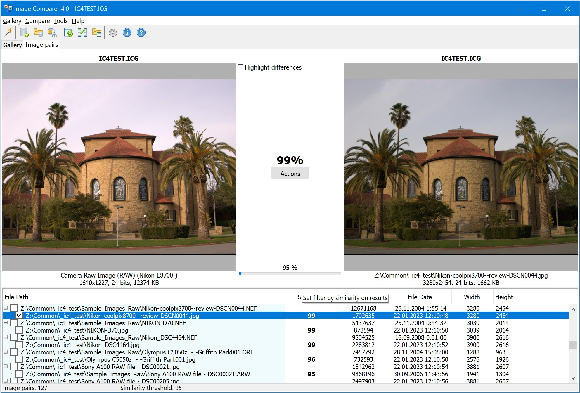 Image Comparer — comparison results in tree mode