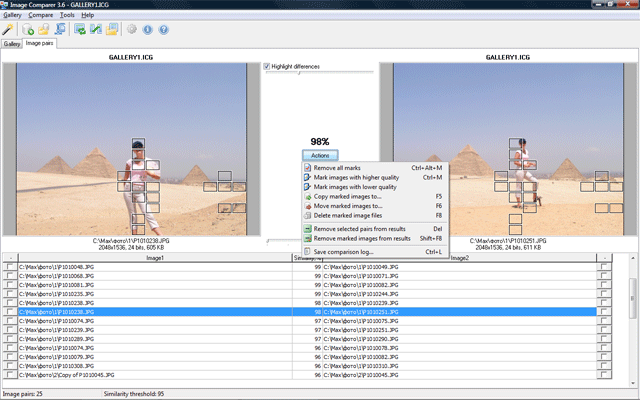 подсвечивание отличий для выбранной пары изображений в программе Image Comparer